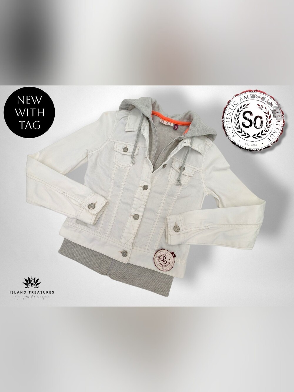 NWT SO Sz XS White Denim Jacket 2fer Built In Gray Hoodie Vest Coral Trim Layers